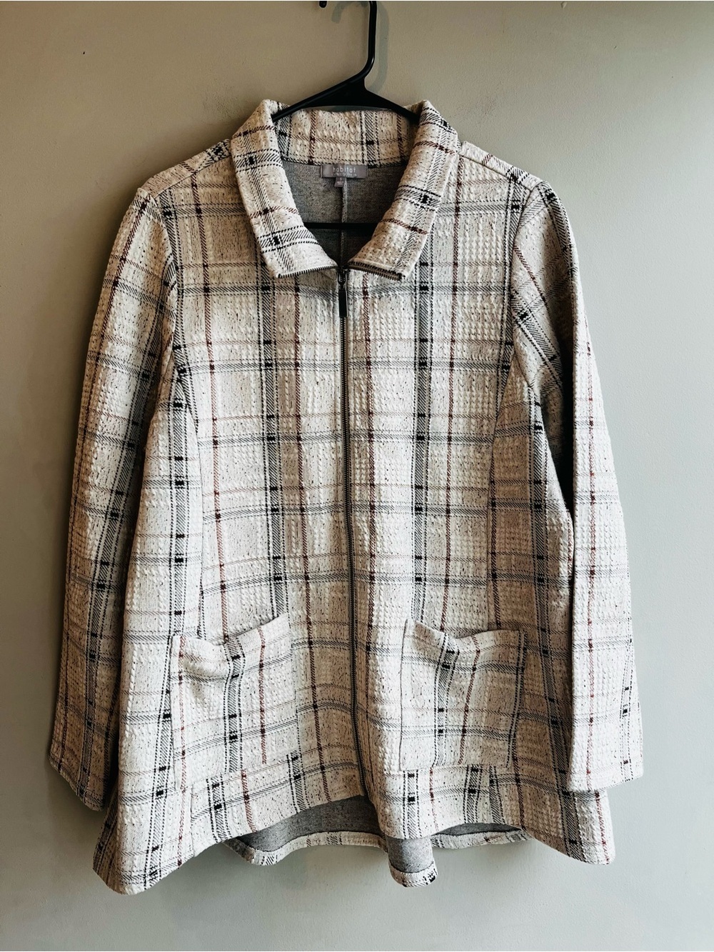 Habitat Windowpane Women's Cream Plaid Zip-Front Coat Size Small Cotton Blend